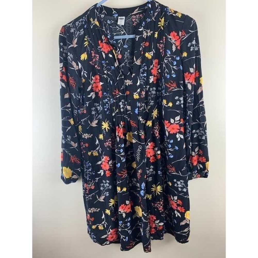 Old Navy Size XS Womens Tunic Dress V Neck Long Sleeve Knee Length Floral Black
